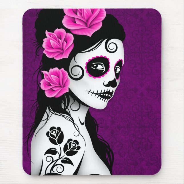 Day of the Dead Sugar Skull Girl - purple Mouse Pad (Front)