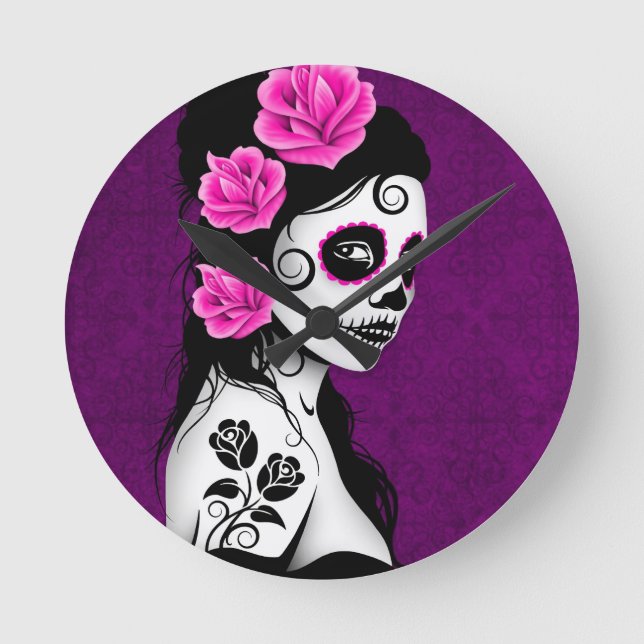 Day of the Dead Sugar Skull Girl - purple Round Clock (Front)