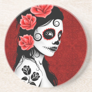 Day of the Dead Sugar Skull Girl - red Coaster
