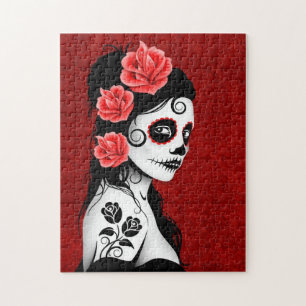 Day of the Dead Sugar Skull Girl - red Jigsaw Puzzle