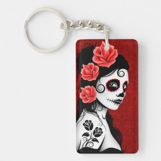 Day of the Dead Sugar Skull Girl - red Key Ring