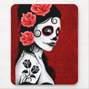 Day of the Dead Sugar Skull Girl - red Mouse Pad