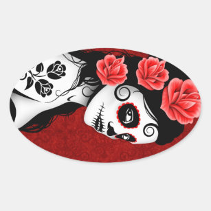 Day of the Dead Sugar Skull Girl - red Oval Sticker