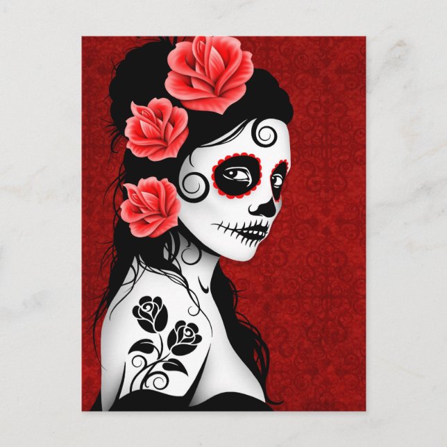 Day of the Dead Sugar Skull Girl - red Postcard (Front)