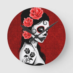 Day of the Dead Sugar Skull Girl - red Round Clock