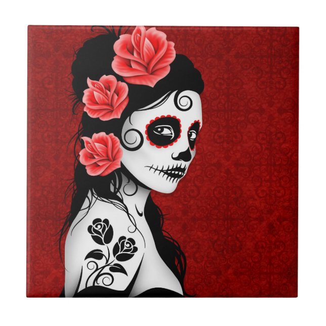 Day of the Dead Sugar Skull Girl - red Tile (Front)