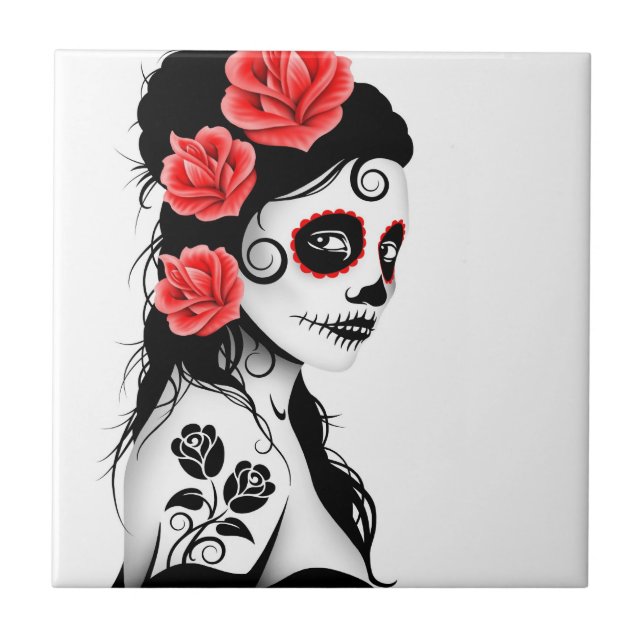 Day of the Dead Sugar Skull Girl - white Ceramic Tile (Front)