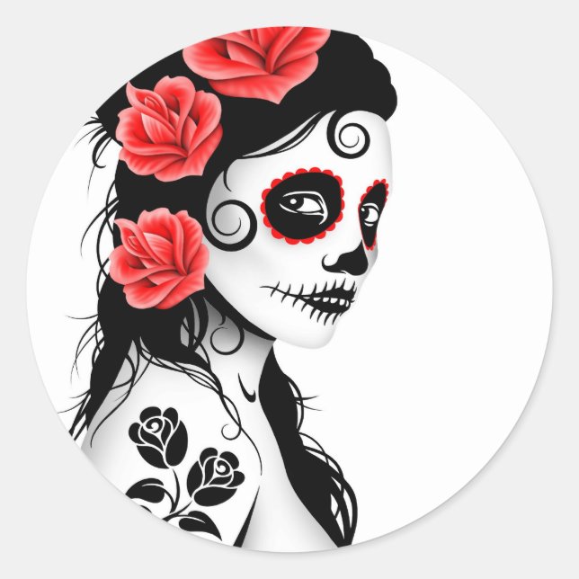 Day of the Dead Sugar Skull Girl - white Classic Round Sticker (Front)