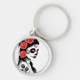 Day of the Dead Sugar Skull Girl - white Key Ring