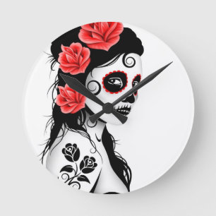 Day of the Dead Sugar Skull Girl - white Round Clock