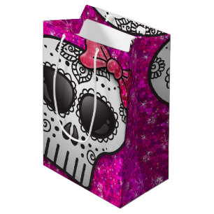 Day of the Dead Sugar Skull Girly Hot Pink Glitter Medium Gift Bag