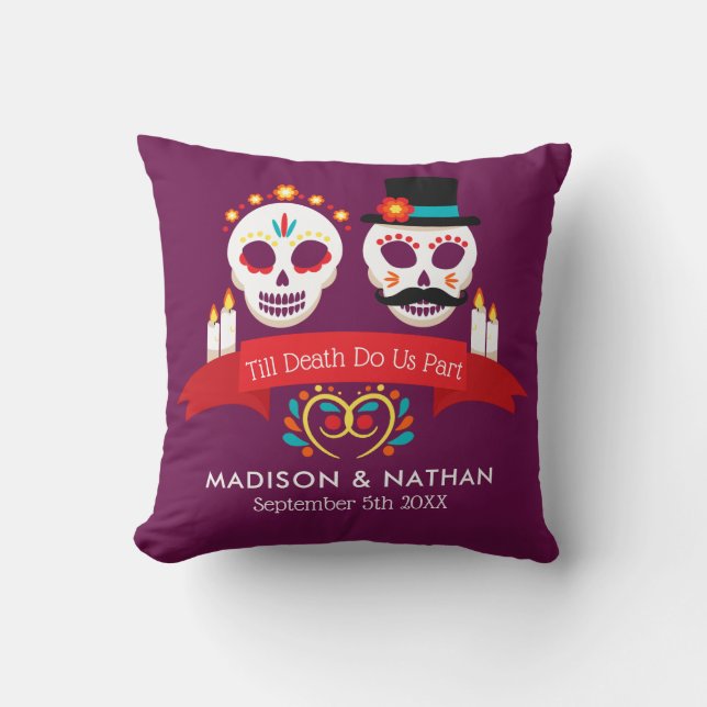 Day of the Dead Sugar Skull Gothic Magenta Wedding Cushion (Front)