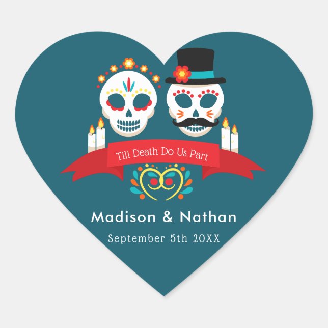 Day of the Dead Sugar Skull Gothic Wedding Heart Sticker (Front)