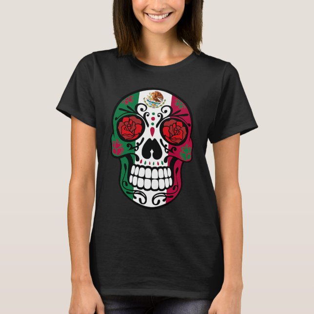 Day Of The Dead Sugar Skull Halloween Mexican Flag T-Shirt (Front)