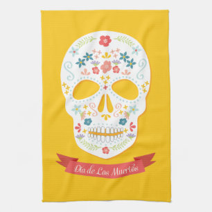 Day of the Dead Sugar Skull kitchen towel - yellow