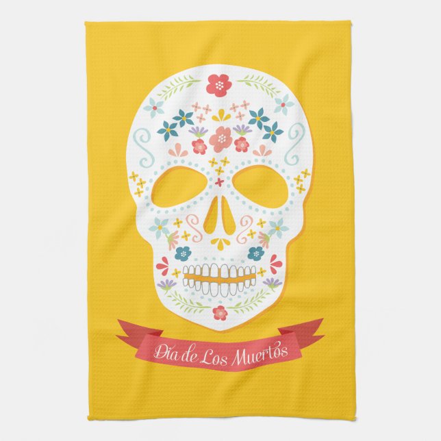 Day of the Dead Sugar Skull kitchen towel - yellow (Vertical)