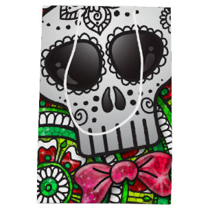 Day of the Dead Sugar Skull Mexican Flag Glitter Medium Gift Bag