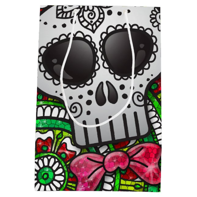 Day of the Dead Sugar Skull Mexican Flag Glitter Medium Gift Bag (Back)