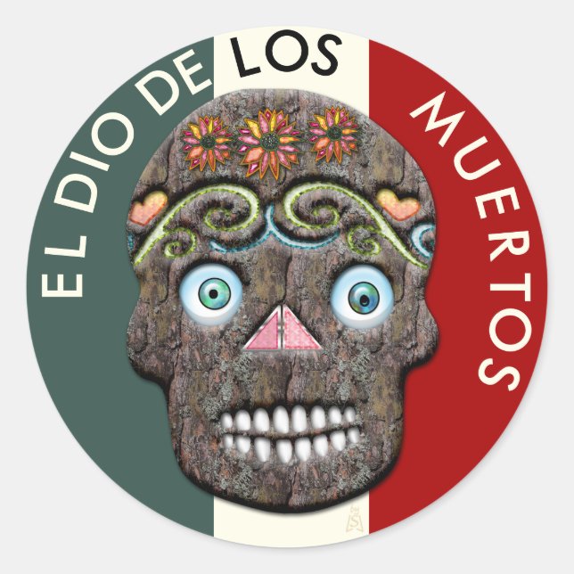 Day of the Dead Sugar Skull - Mossy Bark Classic Round Sticker (Front)