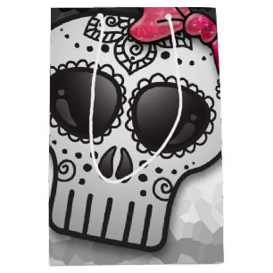 Day of the Dead Sugar Skull Ombre Hot Pink Glitter Medium Gift Bag