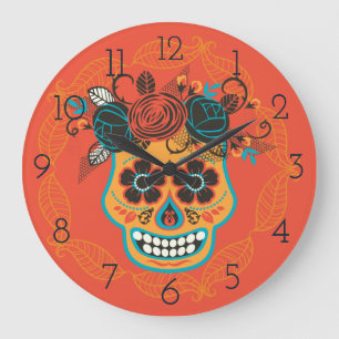 Day of the Dead Sugar Skull, orange Large Clock