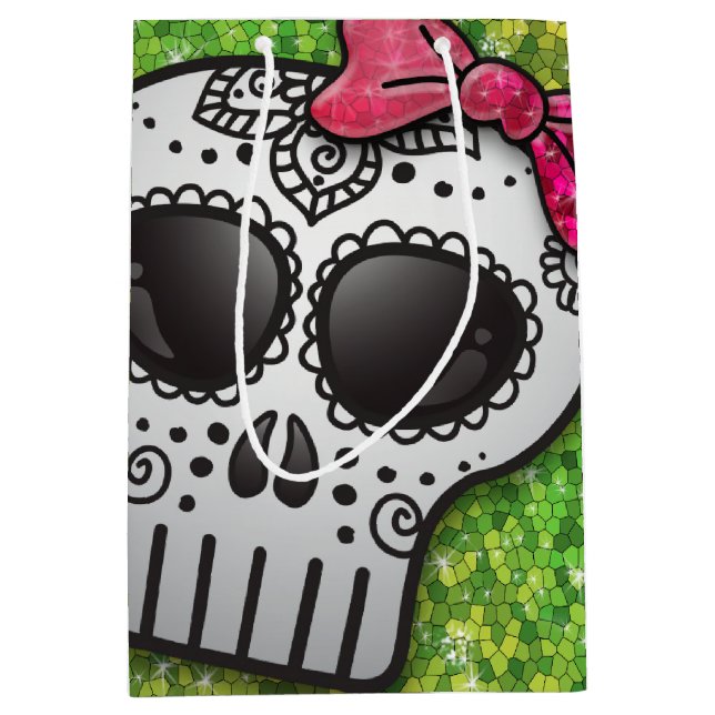 Day of the Dead Sugar Skull Peridot Green Glitter Medium Gift Bag (Front)