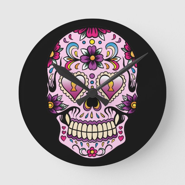 Day of the Dead Sugar Skull Pink Round Clock (Front)