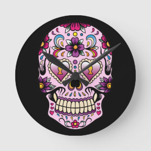 Day of the Dead Sugar Skull Pink Round Clock