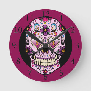 Day of the Dead Sugar Skull Pink Round Clock