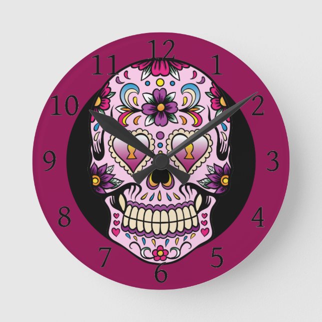 Day of the Dead Sugar Skull Pink Round Clock (Front)