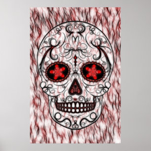 Day of the Dead Sugar Skull - Red & Black Fractal Poster