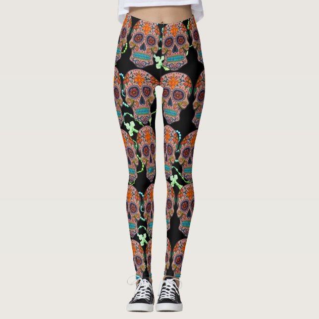 Day of the Dead Sugar Skull Rosary Leggings (Front)