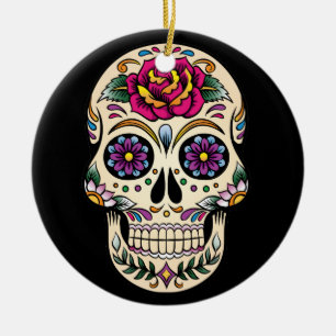 Day of the Dead Sugar Skull Rose Ornament Round