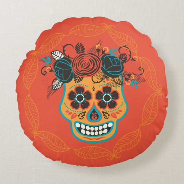 Day of the Dead Sugar Skull Round Cushion (Front)