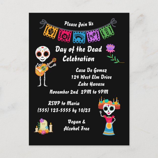 Day of The Dead Sugar Skull Skeletons Invitation Postcard (Front)