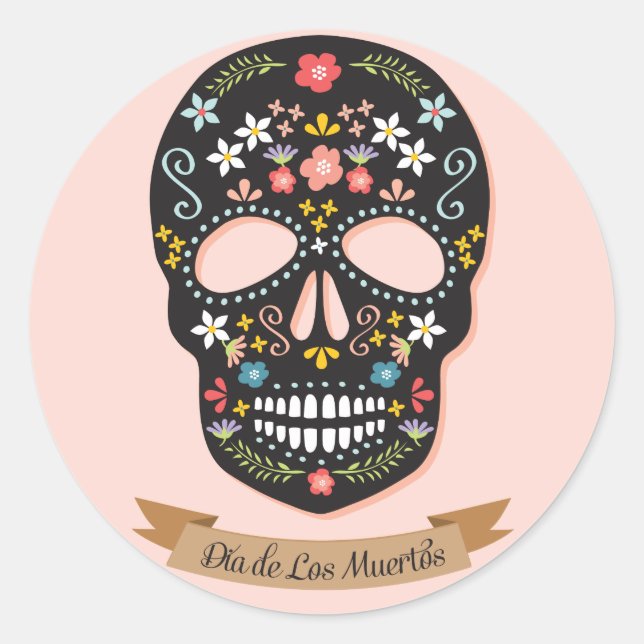 Day of the Dead Sugar Skull stickers, black-pink Classic Round Sticker (Front)