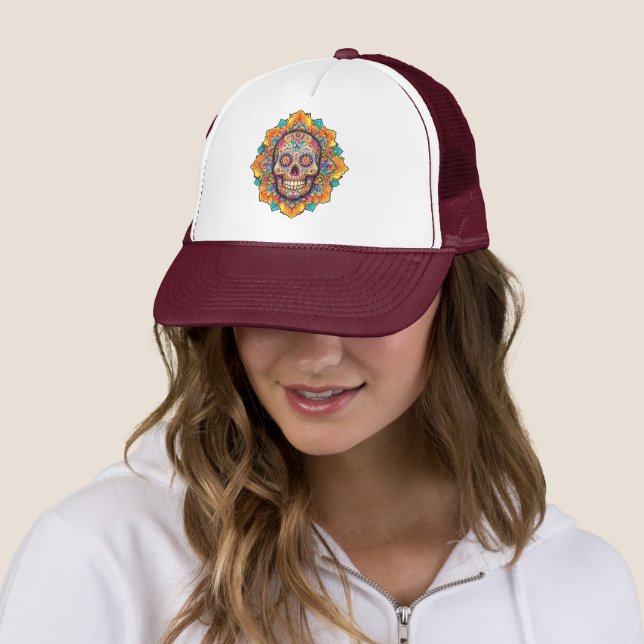 Day of the Dead Sugar Skull Trucker Hat (In Situ)