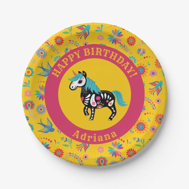 Day of the Dead Sugar Skull Unicorn Birthday Party Paper Plate (Front)