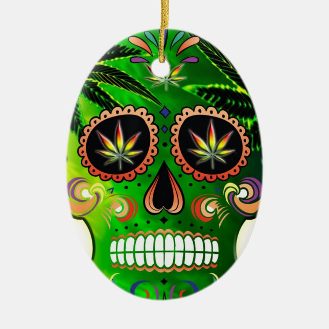 Day of the Dead Sugar Skull weed Shirt Ceramic Ornament (Front)