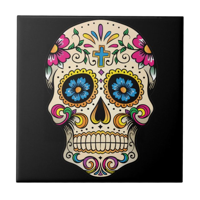 Day of the Dead Sugar Skull with Cross Ceramic Tile (Front)