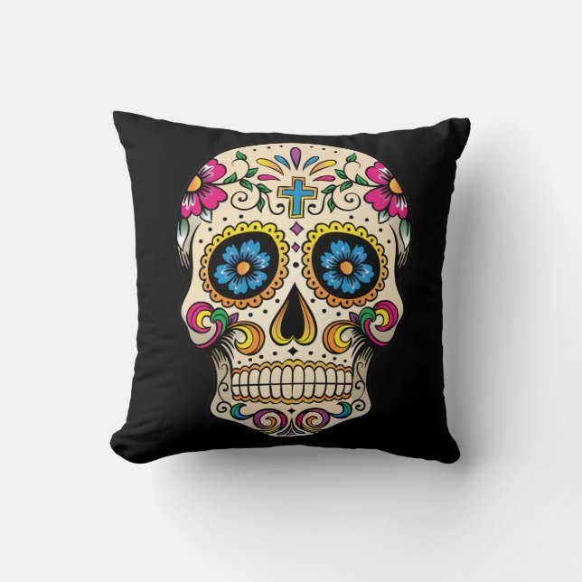 Day of the Dead Sugar Skull with Cross Pillow (Front)