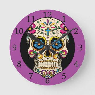 Day of the Dead Sugar Skull with Cross Round Clock
