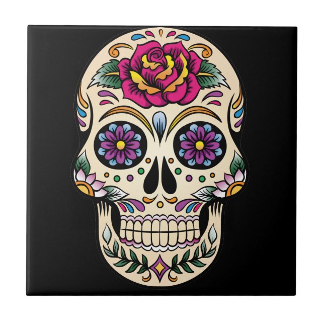 Day of the Dead Sugar Skull with Rose Ceramic Tile (Front)