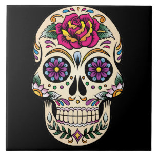 Day of the Dead Sugar Skull with Rose Ceramic Tile