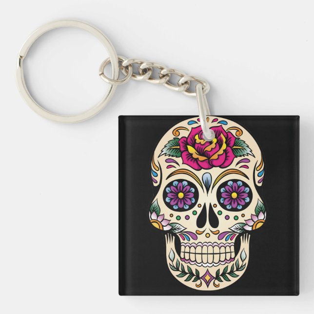 Day of the Dead Sugar Skull with Rose Keychain (Front)