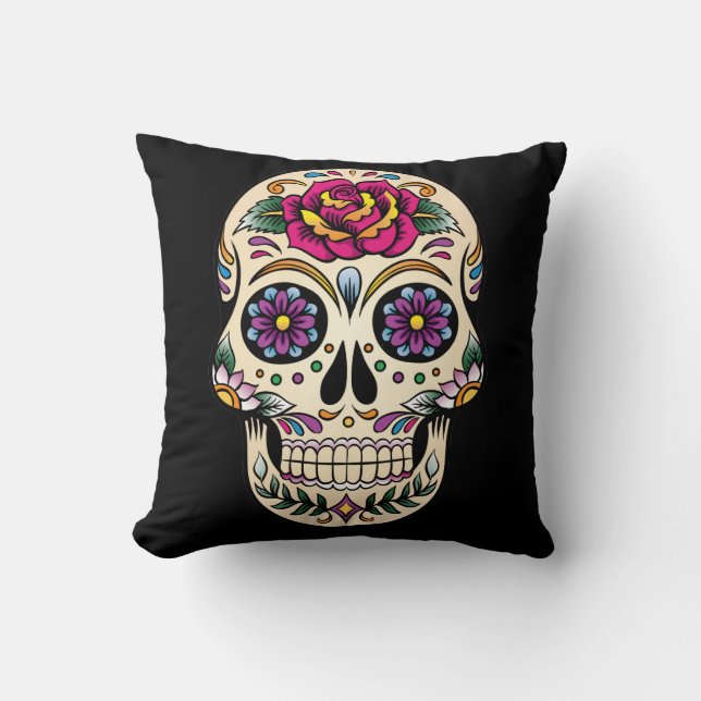 Day of the Dead Sugar Skull with Rose Pillow (Front)