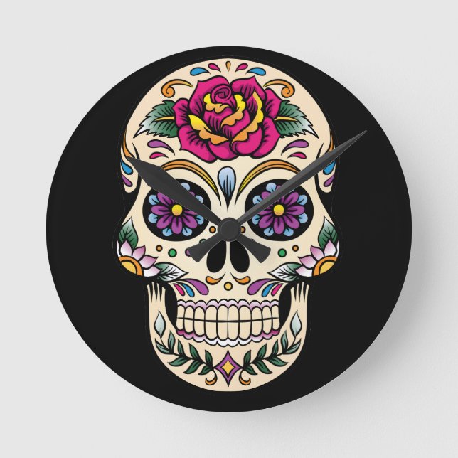 Day of the Dead Sugar Skull with Rose Round Clock (Front)