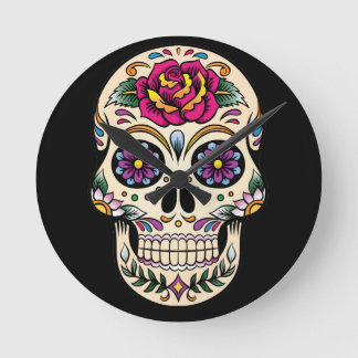 Day of the Dead Sugar Skull with Rose Round Clock