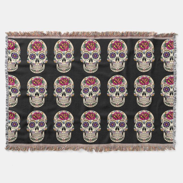 Day of the Dead Sugar Skull with Rose Throw Blanket (Front)