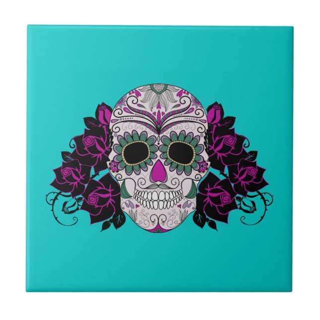 Day of the Dead Sugar Skull with Roses Ceramic Tile (Front)